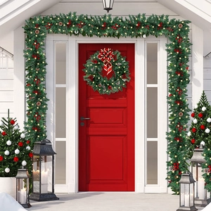 2.7m Christmas garland and wreath set with warm LED lights, red berries and pinecones