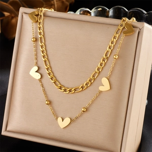 Double Layer Heart Pendant Necklace Stainless Steel Gold Plated Figaro Chain Fashion Jewelry For Women Elegant Stacked