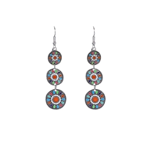 Bohemian silver drop earrings with colorful floral enamel mandala pattern in ethnic style