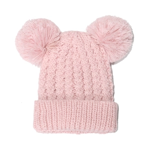 Kids warm pink cable knit hat with two fluffy faux fur pom poms and ribbed cuff