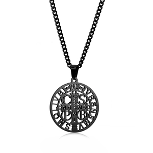 Black stainless steel Saint Benedict medal necklace with round hollow cross pendant design