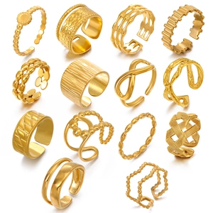14-piece stackable 18K gold plated stainless steel ring set with geometric textures