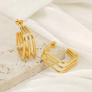 Polished 18K gold plated stainless steel triple layered square hoop earrings for women