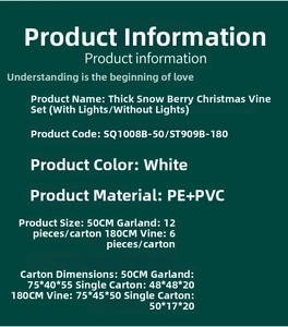 Detailed specifications for snowy berry Christmas wreath and PE/PVC white garland set