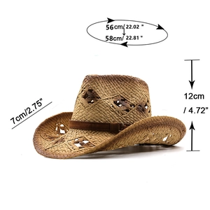 Détail d'un chapeau de cowboy en paille tressée avec ceinture en similicuir et boucle