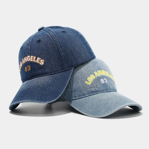 Vintage washed denim baseball caps in dark and light blue with Los Angeles embroidery