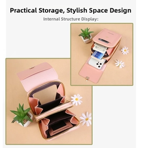 Detail view of pink multi-functional phone bag with layered organizer and card slots