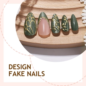 3D dark green cat eye press-on nails with golden embossed floral designs and pearls