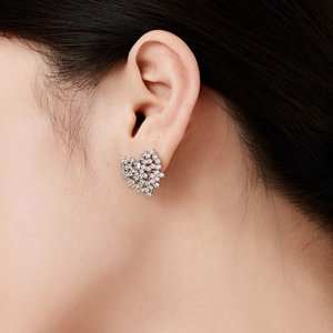 Macro shot of silver cluster earrings with sparkling cubic zirconia on model ear
