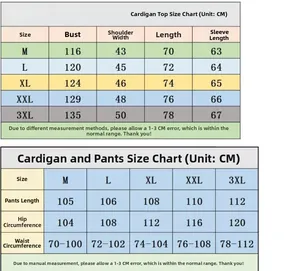 Detailed size chart for men's hooded cardigan and pants tracksuit set in CM units