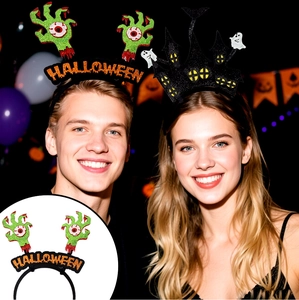 People wearing Halloween headbands with ghosts and eyeballs in a festive party setting