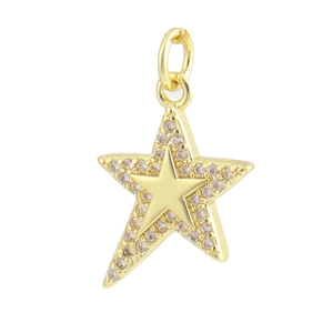 Macro detail of a gold pentagram star pendant with cubic zirconia and hanging loop
