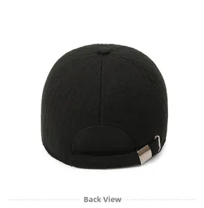 Rear view of winter baseball cap with textured wool fabric and adjustable metal buckle