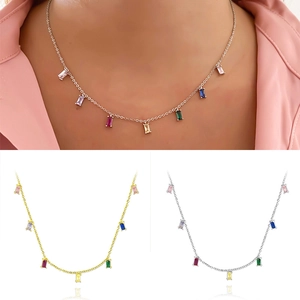 Elegant S925 silver necklace with multi-color baguette zircon pendants in gold and silver