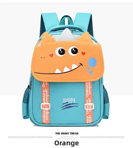 Detail of blue and orange cartoon dinosaur backpack with DINO embroidery and mesh pocket