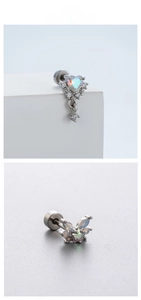 Détails de boucles d'oreilles en acier titane avec opale cœur et papillon en zircon