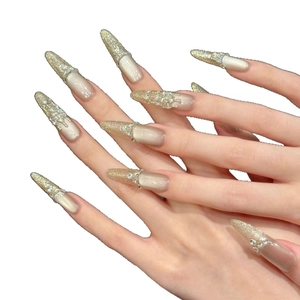 Luxurious champagne cat-eye stiletto press-on nails with sparkling rhinestones and glitter