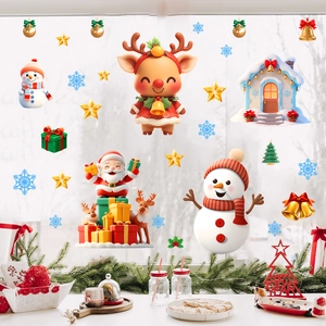 Macro detail of 3D Santa and reindeer static window stickers for Christmas home decor