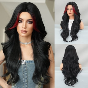 Long wavy black wig with red highlights for women, middle part style overall view