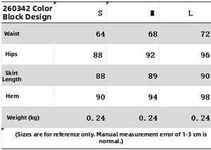 Detailed size chart for the color-block knit polo and skirt set with measurement specs
