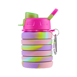 Portable pink and purple camo silicone collapsible water bottle with metal carabiner
