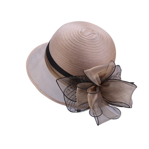 Women's summer organza flower sun hat in beige with elegant black ribbon and mesh bow