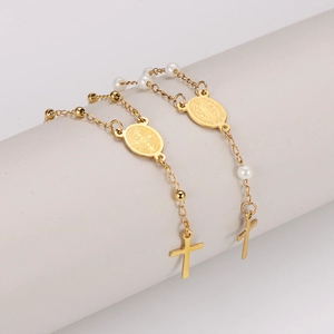 Bracelet chapelet en acier inoxydable 304 doré 18k avec médaille portrait et perles blanches