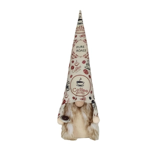 Macro view of plush coffee-themed gnome with tall hat and soft brown beard