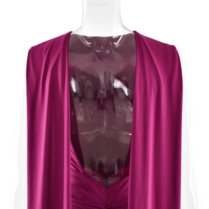 Detailed back view of dark burgundy elegant dress with backless draped strap design