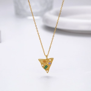 Elegant S925 sterling silver gold necklace featuring a triangle pendant with colorful gemstones