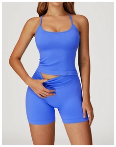 Close-up of ribbed texture and high elasticity of Klein Blue seamless yoga sports set