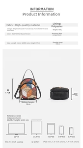 Size chart showing mini backpack dimensions 14x6x17cm and long adjustable shoulder strap