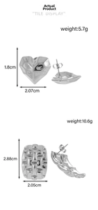 Detailed dimensions of silver stainless steel heart and woven rectangular earrings