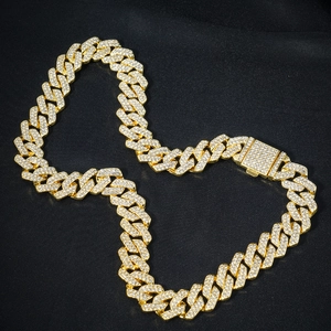 Golden 14mm full diamond Cuban link necklace for men featuring a shiny iced out rhinestone design