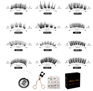 Size chart for reusable magnetic eyelashes with widths and lengths for various styles