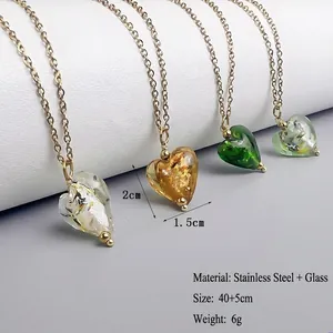 French vintage glass heart necklaces with gold foil in four elegant colors and gold chain