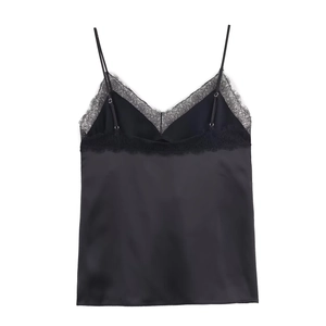 Elegant black satin camisole with delicate eyelash lace trim on a white background