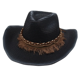Western Cowboy Straw Hat Wide Brim Bohemian Tassel Metal Chain Breathable Summer Beach Sun Shade Ethnic Style Women