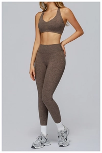 Detail view of marled brown brushed yoga set with high-waist leggings and racerback sports bra
