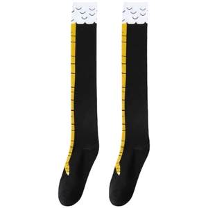 Funny black chicken leg over knee socks with yellow bird claw pattern and white wave trim