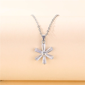 Elegant titanium steel six-petal flower necklace with clear zircon crystals on silver chain