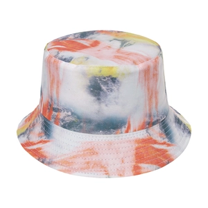 Detail of colorful tie-dye bucket hat with neat stitching on cotton twill brim
