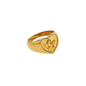 18k gold plated stainless steel heart ring with cupid angel relief carving on white backdrop