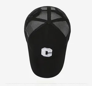 Top view of a black mesh baseball cap with white embroidered C letter and breathable net