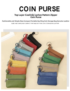 Close-up of pebble grain genuine leather texture on colorful coin purses with metal zippers