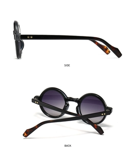 Side and back views of retro round sunglasses with purple gradient lenses and tortoiseshell arms