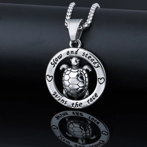 Polished silver turtle pendant necklace with Slow and steady wins the race engraving