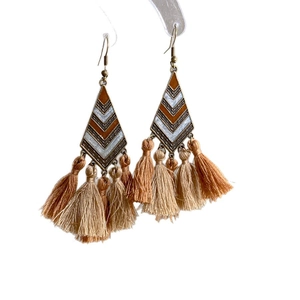 Bohemian rhombus drop earrings with brown tassels and vintage bronze hooks on white background
