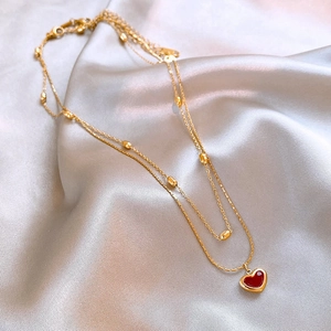 Double-layer gold stainless steel necklace with red heart pendant and gold beads