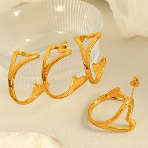 Minimalist gold hollow heart earrings in titanium steel for women's daily wear